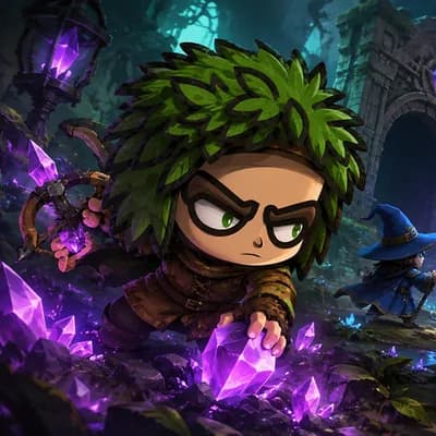 Ancient Relic: a leaf-haired character with a bow crouching among huge purple crystals in a dark cave.
